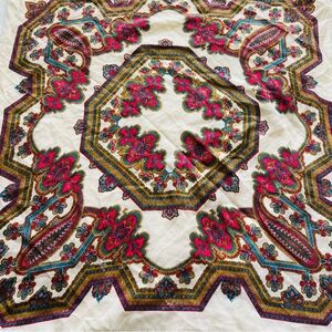 Vintage Paisley Scarf Ivory Pink Turquoise 31 inch Square Baroque  90s